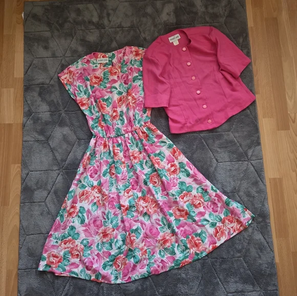 Andrea Gayle VTG 80s Floral Dress & Pink Blazer Jacket Cottage Retro Spring 10 - Picture 1 of 7